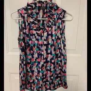 Nine West Blouse Colorful Sleeveless Ruffled Neck 3/4 Placket w/Hidden Buttons